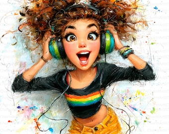 Imagen prediseñada de una niña con auriculares, arte caprichoso en acuarela (JPG)