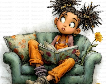 17 Black girl reading Clipart, Cute African Girl Clipart, High-Quality JPG, Cute Afro Girl, black girl watercolor, paper craft, junk journal