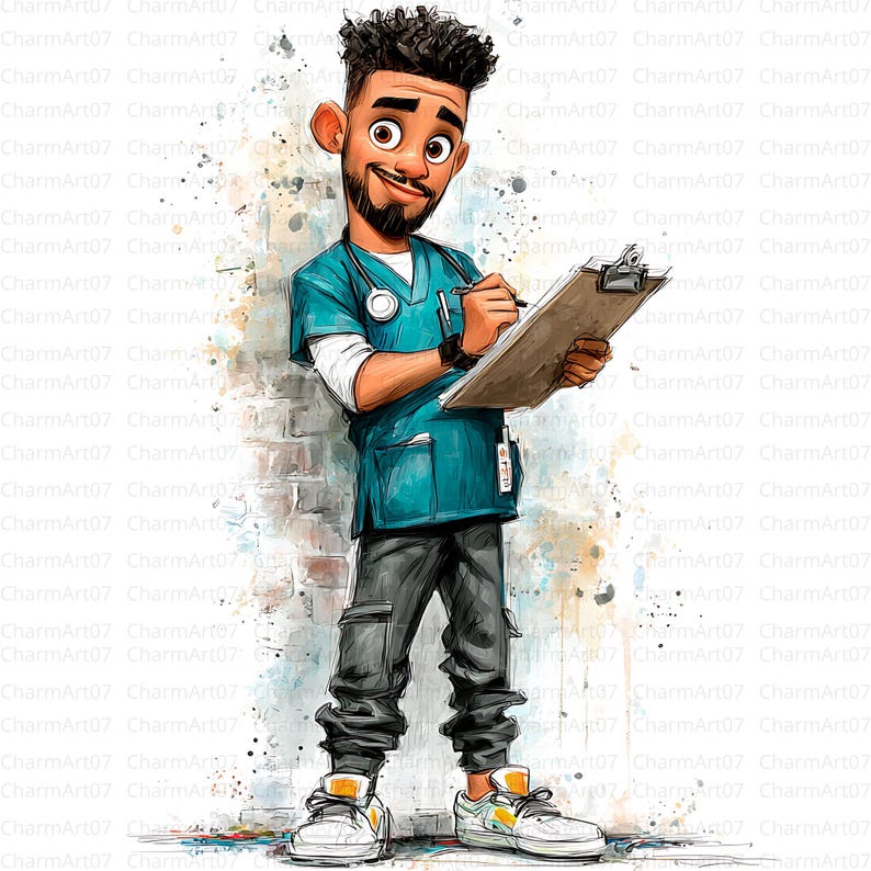May include: A digital illustration of a male healthcare worker in teal scrubs, holding a clipboard and pen. He has a stethoscope, black cargo pants, and white sneakers with yellow accents. The background is a brick wall with paint splatters.
