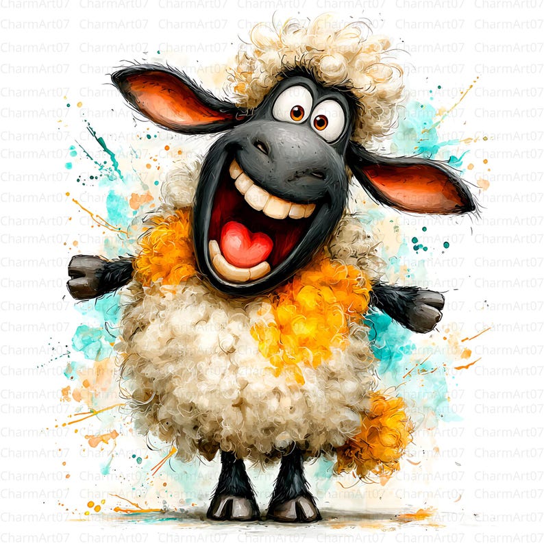 May include: A whimsical cartoon illustration of a sheep with a wide, joyful grin. The sheep has fluffy white wool, black face and legs, and large, expressive eyes. It has a yellow and orange collar and is set against a backdrop of colorful paint splatters.