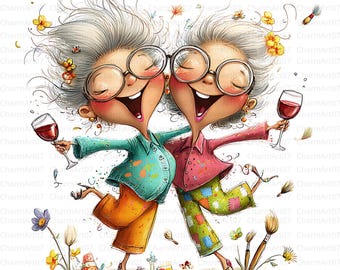 22 JPG Old Women Drinking Wine Clipart, Clipart, Ladies Wine Illustration, Cartoon Friends Wine Art