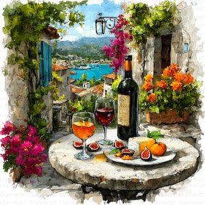 May include: A watercolor painting of a table set for a meal with wine and fruit. A bottle of wine and two glasses of wine sit on a stone table with a plate of figs and cheese. The background shows a coastal town.