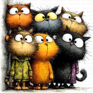 May include: A whimsical illustration of six cartoon cats with large eyes and expressive faces. The cats are various colors, including orange, black, and brown, and some are wearing clothing. The artwork has a textured, hand-drawn style.