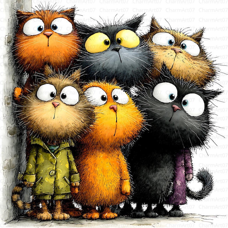 May include: A whimsical illustration of six cartoon cats with large eyes and expressive faces. The cats are various colors, including orange, black, and brown, and some are wearing clothing. The artwork has a textured, hand-drawn style.