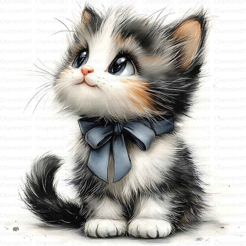May include: A watercolor illustration of a fluffy kitten with a blue bow. The kitten has black, white, and tan fur, big blue eyes, and long whiskers. The kitten is sitting and looking upwards, with a sweet expression.