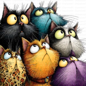 May include: A whimsical illustration features six cartoon cats with wide, surprised eyes looking upwards. The cats are various colors, including black, blue, orange, and purple, with detailed fur textures and expressions. The artwork has a playful, cartoonish style.
