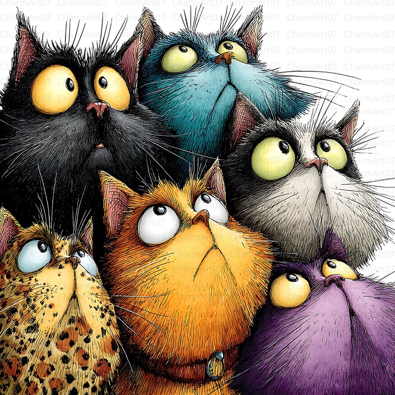 May include: A whimsical illustration features six cartoon cats with wide, surprised eyes looking upwards. The cats are various colors, including black, blue, orange, and purple, with detailed fur textures and expressions. The artwork has a playful, cartoonish style.