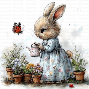 20 garden bunny clipart, Garden Themed Digital Illustration, Printable Watercolor clipart, High Quality JPGs, Junk journal, paper craft