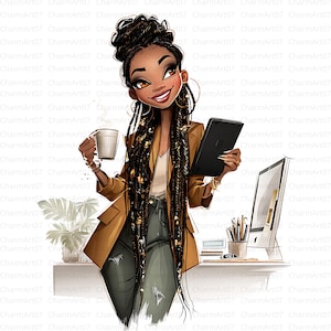 Könnte beinhalten: Illustration einer Frau mit langen Zöpfen, die einen beigen Blazer trägt und eine Kaffeetasse und ein Tablet hält. Sie lächelt, mit goldenen Creolen und Armbändern. Ein Computermonitor und ein Schreibtisch befinden sich im Hintergrund.