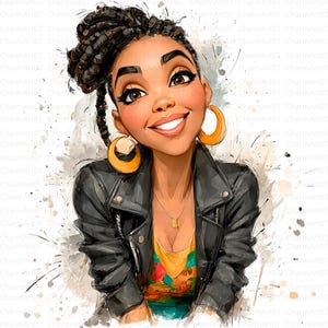 Könnte beinhalten: Digitale Illustration einer lächelnden Frau mit dunkler Haut, die eine schwarze Lederjacke, goldene Creolen und eine Halskette trägt. Ihr Haar ist in Zöpfen gestylt. Der Hintergrund hat Aquarellfarbspritzer.