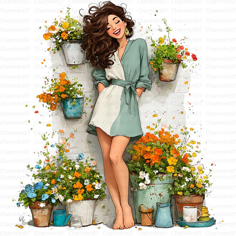 Floral Girl Garden Watercolor Clipart Bundle: Spring Art (digital ...