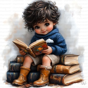 22 Boy reading on a stack of books reading clipart, high-quality JPGs, digital print, junk journal pages, paper crafts, whimsical clipart