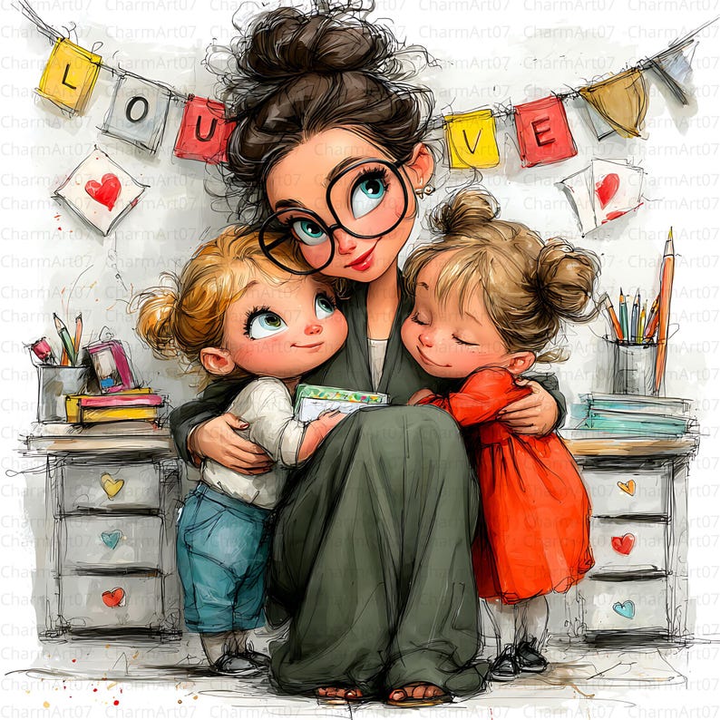 May include: Watercolor illustration of a woman with glasses embracing two children. The word "LOVE" is displayed on a banner above. The children are wearing a red dress and blue jeans. The image has a soft, artistic style.