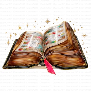 May include: An open book with a brown, aged appearance and a black cover, displaying colourful text and illustrations. A bright pink ribbon marks a page. Gold star accents and the text "TIME" are also visible.