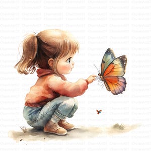 14 Fille avec un papillon, clipart aquarelle imprimable, clipart fille original, fichiers JPG de haute qualité, aquarelle papillon, clipart petite fille