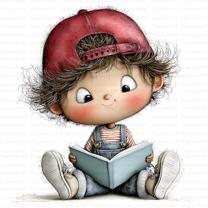 Paquete de 24 imágenes prediseñadas de un niño pequeño leyendo (descarga digital) JPG