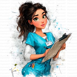 May include: Digital illustration of a smiling nurse with brown hair in a ponytail, wearing a blue uniform and holding a clipboard. She has a name tag and is writing with a pen. The background is a watercolor-style wash.