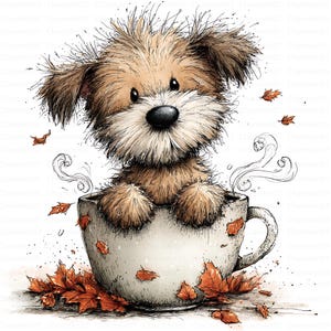 May include: A fluffy brown puppy with shaggy fur and a black nose sits inside a large white ceramic mug. Steam swirls from the mug, and scattered orange and brown autumn leaves surround the base of the cup against a plain white background.