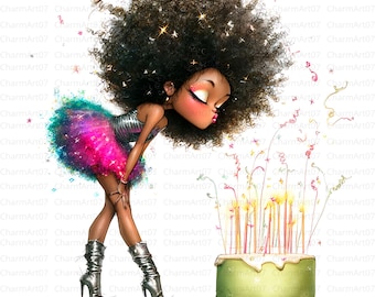 Afro Birthday Girl Clipart, Printable Watercolor JPGs (Digital Download)