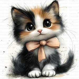 May include: A watercolor illustration of a calico kitten with large, expressive eyes and a pink bow. The kitten has black, orange, and white fur. The image has a soft, artistic style, perfect for nursery decor or cat-themed gifts.