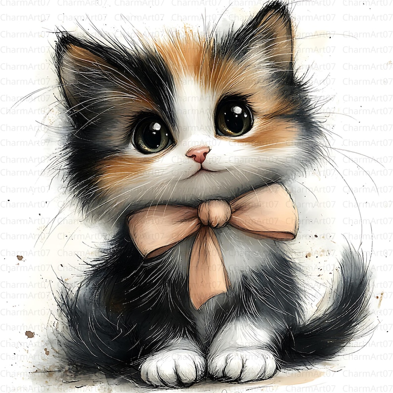 May include: A watercolor illustration of a calico kitten with large, expressive eyes and a pink bow. The kitten has black, orange, and white fur. The image has a soft, artistic style, perfect for nursery decor or cat-themed gifts.