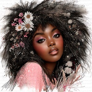 May include: Digital art portrait of a woman with dark skin, adorned with flowers and a pink top. Her dark hair is styled with white daisies and pink blossoms. The woman has pink eyeshadow and blush, with a soft, neutral lip color. The background is white.
