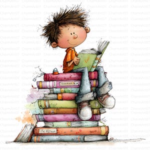 May include: A charming illustration of a child reading a book while sitting on a colourful stack of books. The child wears an orange shirt, blue jeans, and white shoes. The books are various colours, with some text visible on the spines.