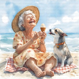Paquete de 15 imágenes prediseñadas de señora mayor en la playa, imágenes prediseñadas de verano, paisajes de playa, descarga instantánea, manualidades de papel, álbumes de recortes para diarios.