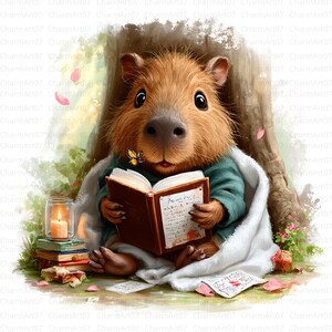 May include: A digital illustration of a capybara reading a book under a tree. The capybara is wrapped in a blanket and has a butterfly on its nose. A lit candle and stack of books are nearby, with scattered papers and pink petals.