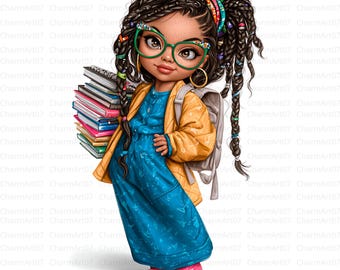 Back to School Black Girl Clipart: Watercolor Art, Junk Journals (JPG Download)