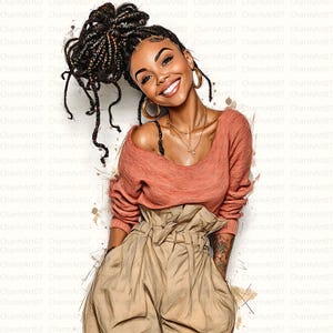 May include: Digital illustration of a smiling person with dark skin, wearing a coral-coloured sweater and high-waisted tan trousers. They have dark braided hair, gold hoop earrings, and layered necklaces. The image has a watercolour effect with the text "CharmArt07".