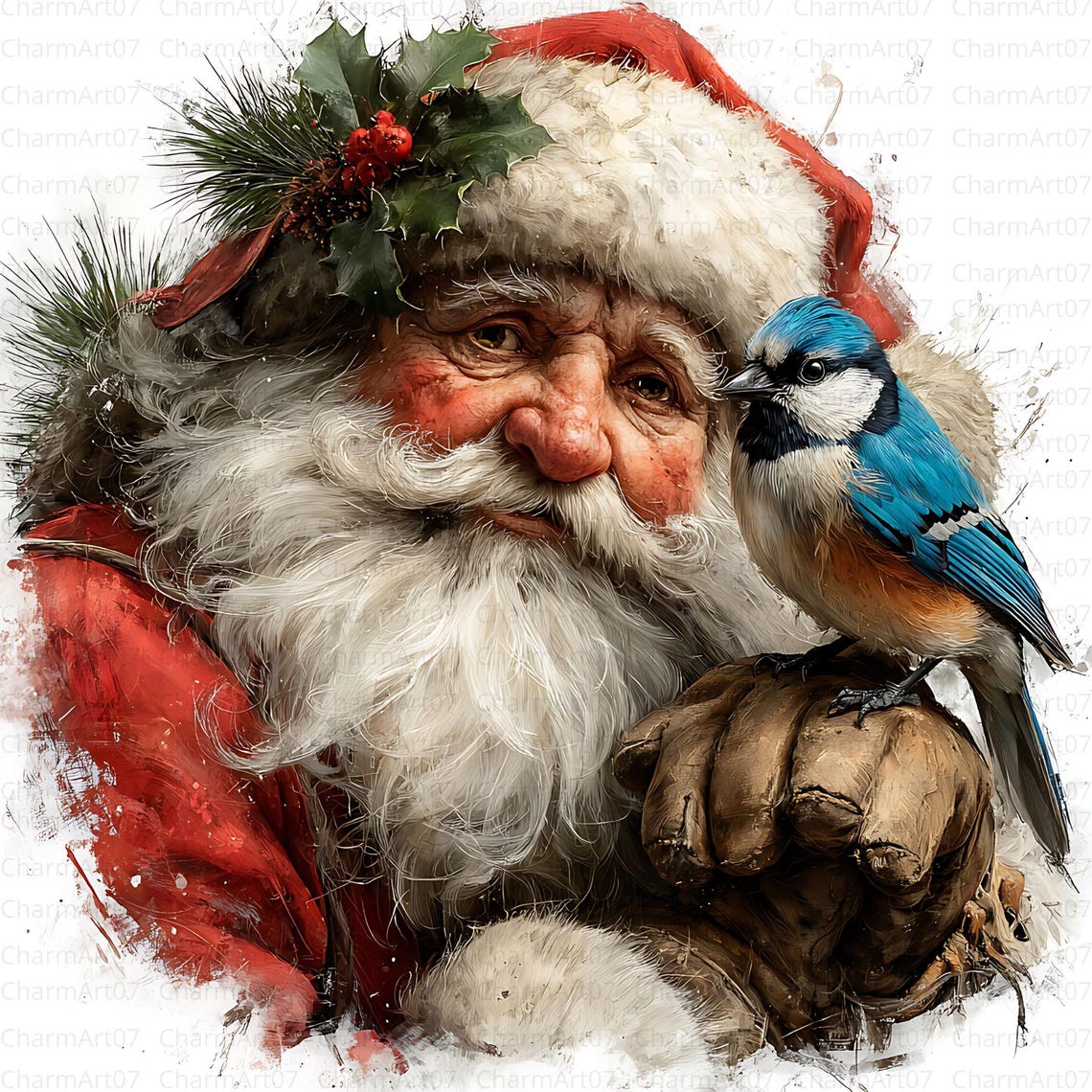 Vintage Santa With Cardinal Clipart Bundle: High-res JPG (digital ...