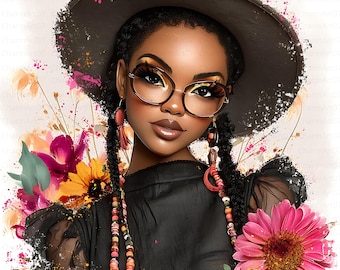 28 Afro Woman Floral Clipart, Black Woman Flower Art, Watercolor JPGs, Digital Download, Commercial Use