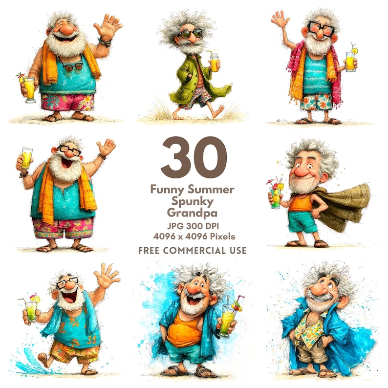 Funny Grandpa Clip Art: Whimsical Old Men Illustrations (JPG Digital ...