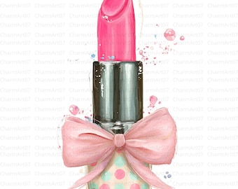 May include: A pink lipstick with a silver cap and a light pink bow. The lipstick is decorated with pink and blue watercolor accents. The base of the lipstick is decorated with pink polka dots.
