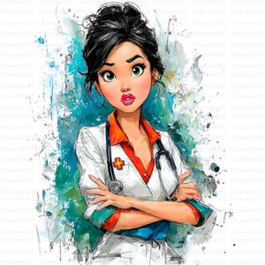 May include: Watercolor illustration of a female nurse with black hair and green eyes, wearing a white coat with an orange collar and a stethoscope. The image has a watercolor background with blue and green splashes. A red cross is on the coat.