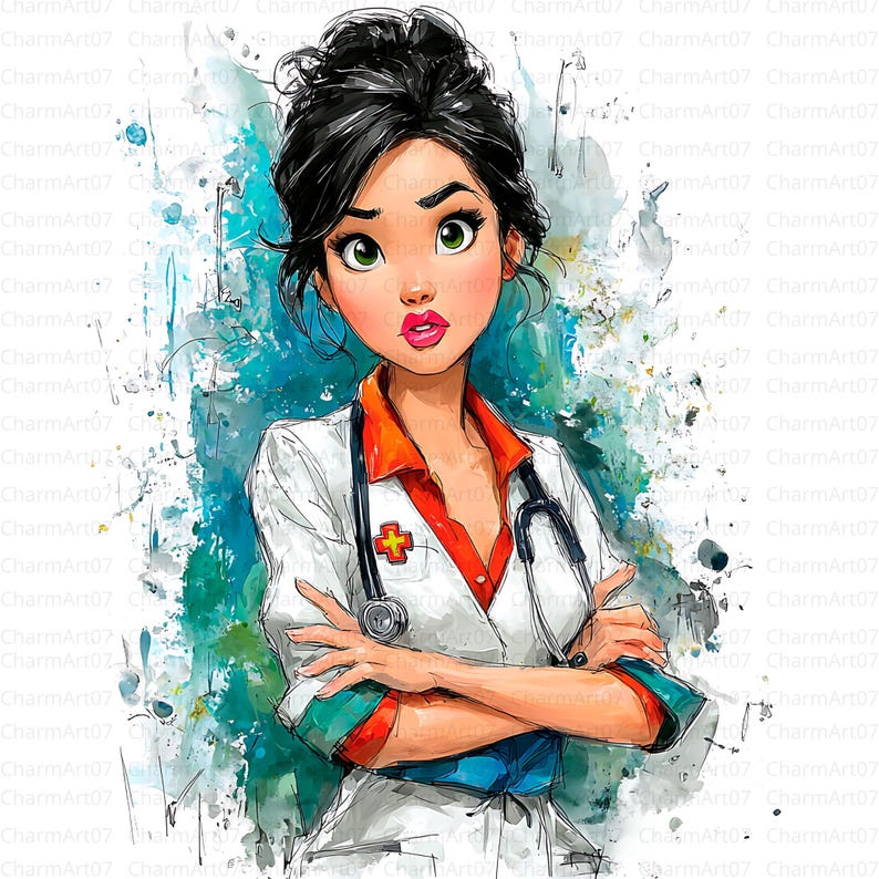May include: Watercolor illustration of a female nurse with black hair and green eyes, wearing a white coat with an orange collar and a stethoscope. The image has a watercolor background with blue and green splashes. A red cross is on the coat.