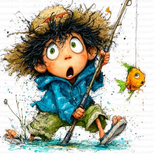 Boy Fishing Clipart: Watercolor Cartoon Children (Digital Download, JPGs, Commercial Use OKAY