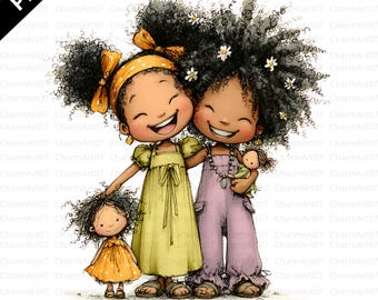 Quirky Black Girls Clipart, Cute African Girls, Watercolor PNG (Digital Download)