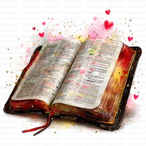 May include: An open book with red and gold detailing, displaying intricate text on its pages. The book has a dark brown cover and a red ribbon bookmark. Pink hearts and gold flecks float around the book, creating a romantic and artistic feel.