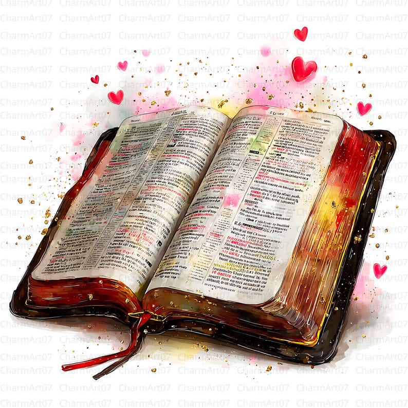 May include: An open book with red and gold detailing, displaying intricate text on its pages. The book has a dark brown cover and a red ribbon bookmark. Pink hearts and gold flecks float around the book, creating a romantic and artistic feel.