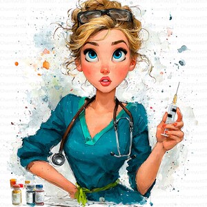 May include: Watercolor illustration of a female healthcare worker with blonde hair, blue eyes, and a stethoscope. She wears teal scrubs and holds a syringe. Glasses are perched on her head. Bottles of medicine are on a table.
