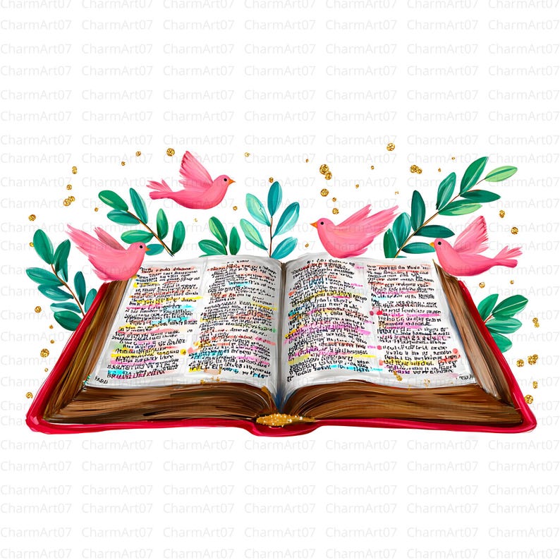 May include: A detailed illustration of an open book with red covers and aged pages. Pink birds and green leaves surround the book, with gold glitter accents. The pages are filled with colourful highlighted text, creating a decorative design.