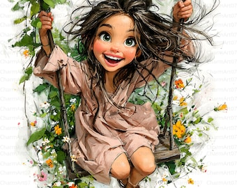 Girls on a Swing Clipart Bundle: Watercolor Style, Commercial Use (JPG)