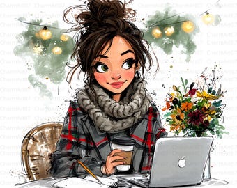 Woman with Laptop Clipart Bundle: Watercolor Style (Digital Download)
