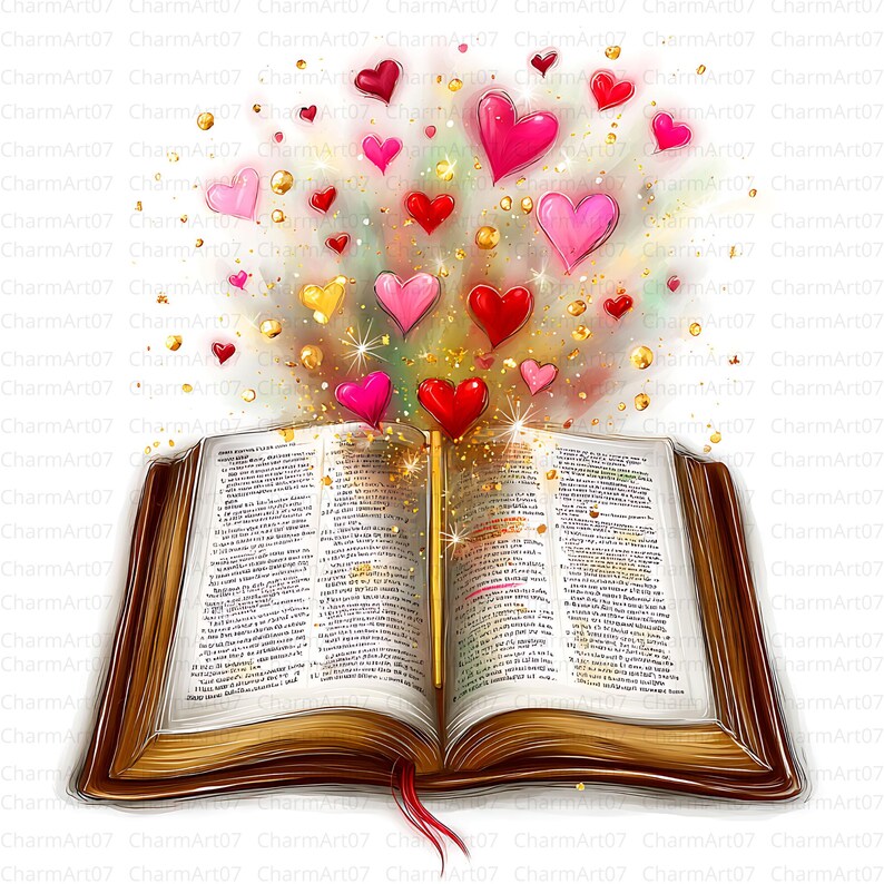 May include: An open book with gold pages and a brown cover, featuring a red ribbon bookmark. Above the book, various hearts in pink, red, and yellow float, accompanied by gold sparkles.