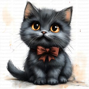 May include: A watercolor illustration of a gray kitten with large, orange eyes and a dark red bow tie. The cat is sitting upright, with its tail curled to the side. The image has a soft, artistic style.
