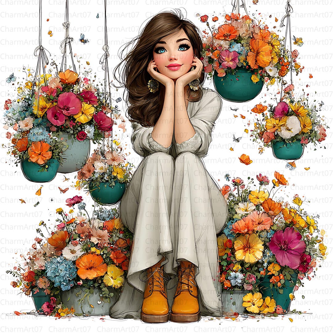 Floral Girl Garden Watercolor Clipart Bundle: Spring Art (digital ...