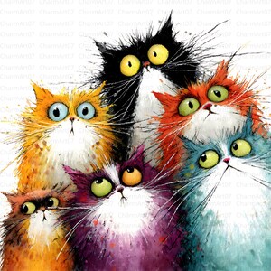 May include: A watercolor painting of six whimsical cats with expressive eyes and fluffy fur. The cats are in various colors, including orange, black, red, purple, and blue, against a white background. The artwork has a playful and cartoonish style.