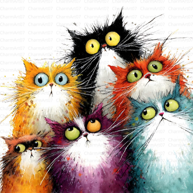 May include: A watercolor painting of six whimsical cats with expressive eyes and fluffy fur. The cats are in various colors, including orange, black, red, purple, and blue, against a white background. The artwork has a playful and cartoonish style.